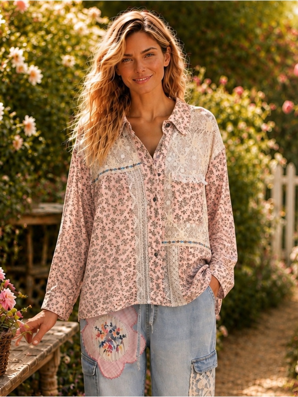 POL Large Blush Floral Lace Button-Down Top - Picture 1 of 6